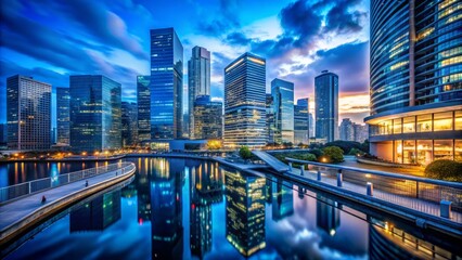 Obraz premium Luxury high contrast blue hour cityscape for professional presentations and marketing materials