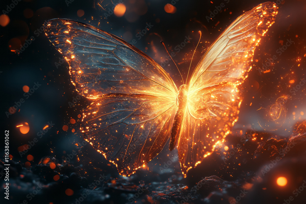 Poster a butterfly with translucent wings fluttering in a space filled with glowing spirals and soft gradie