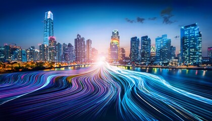 Obraz premium Night Cityscape Futuristic Light Trails Urban Skyline Technology