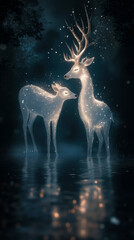 Obraz premium A couple of deer standing next to each other in the water