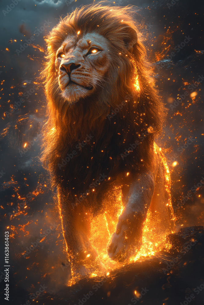 Poster a lion standing on a fragmented, glowing platform surrounded by cascading particles,