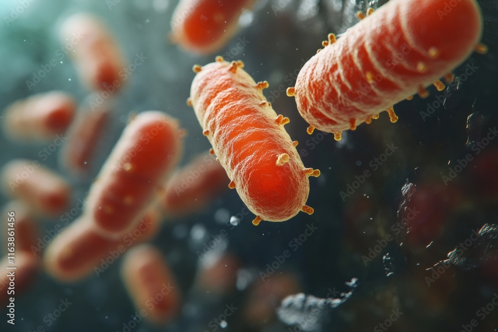 Poster microscopic view of rod-shaped bacteria multiplying and spreading infection