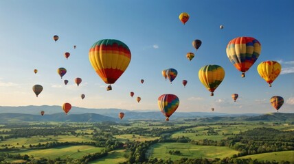 Brightly Colored Hot Air Balloons Ascending Over a Green Valley