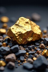 A gold colored metal nugget on a pile of crushed rocks and minerals, geology, gold, nugget