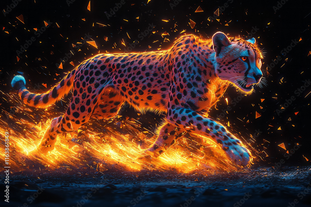 Aufkleber a cheetah running across a fragmented terrain of glowing triangles,