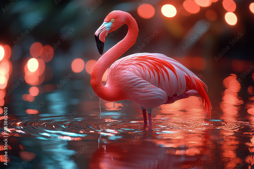 Poster a flamingo standing in a pool of liquid neon, with ripples forming glowing geometric patterns,