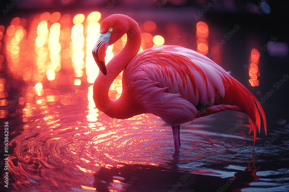 Aufkleber a flamingo standing in a pool of liquid neon, with ripples forming glowing geometric patterns,