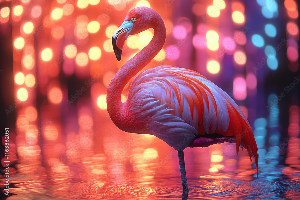 Poster a flamingo standing in a pool of liquid neon, with ripples forming glowing geometric patterns,
