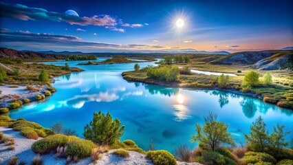 Obraz premium Nordic winter landscape with azure lagoon and cyan berry accents for travel and nature themes