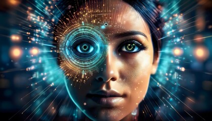 Futuristic Woman AI Digital Eye Technology Cyberpunk Innovation Interface Network Glow Data