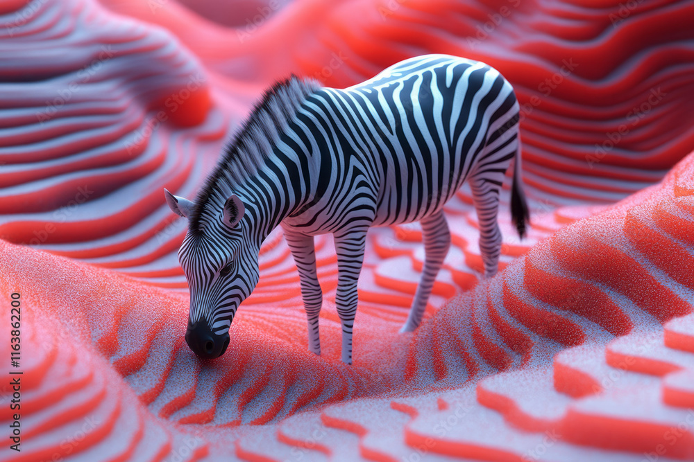 Poster a zebra grazing on an abstract landscape of shifting, multicolored grids,