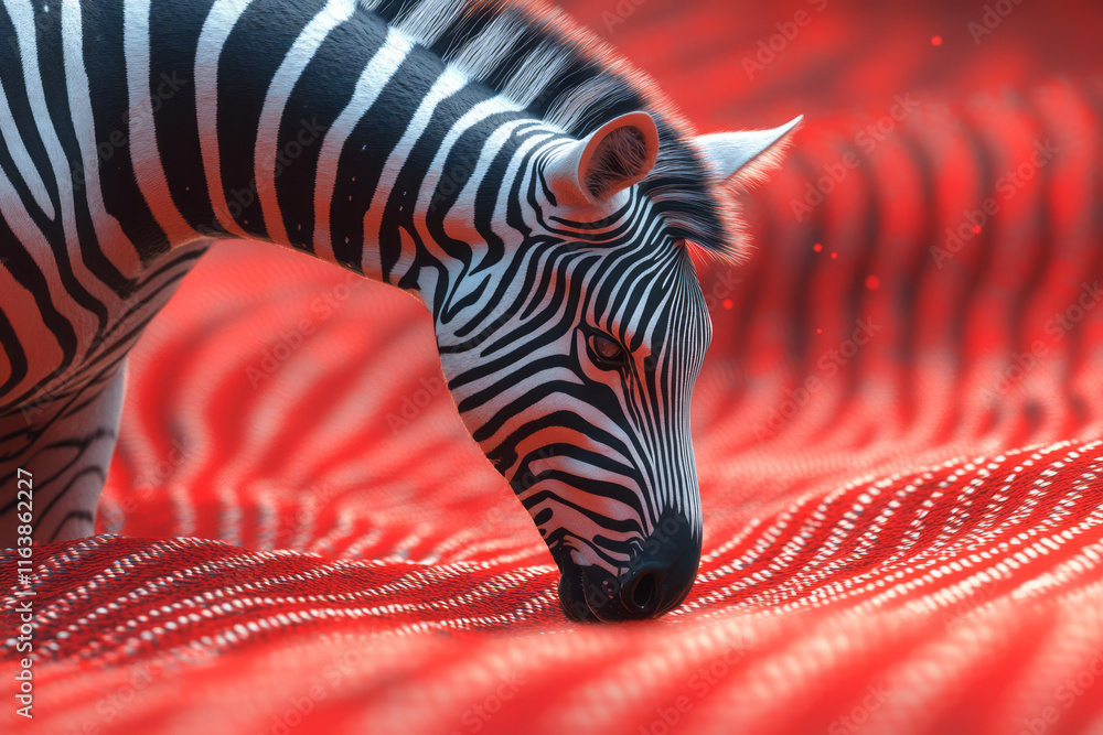 Poster a zebra grazing on an abstract landscape of shifting, multicolored grids,