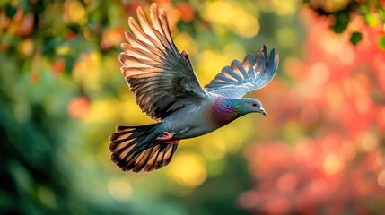Obraz premium A vibrant wood pigeon in flight, wings outstretched against a blurred autumnal background.