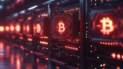 Fototapeta premium Rows of glowing cryptocurrency mining rigs with Bitcoin logos subtly illuminated in the background, emphasizing the process of mining