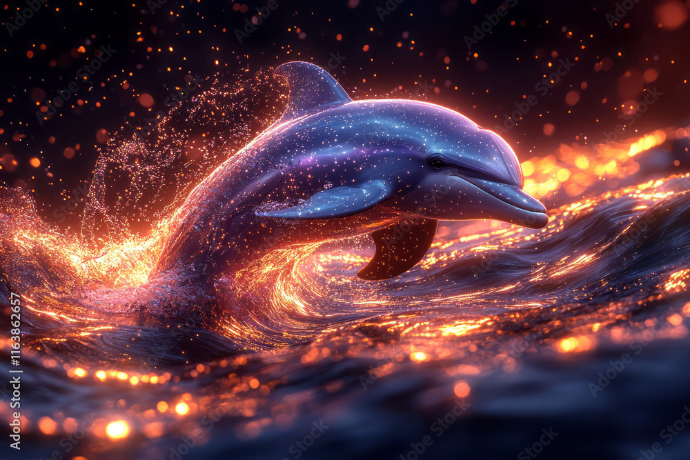 Poster a dolphin jumping through glowing rings floating in an abstract ocean of vibrant neon waves,