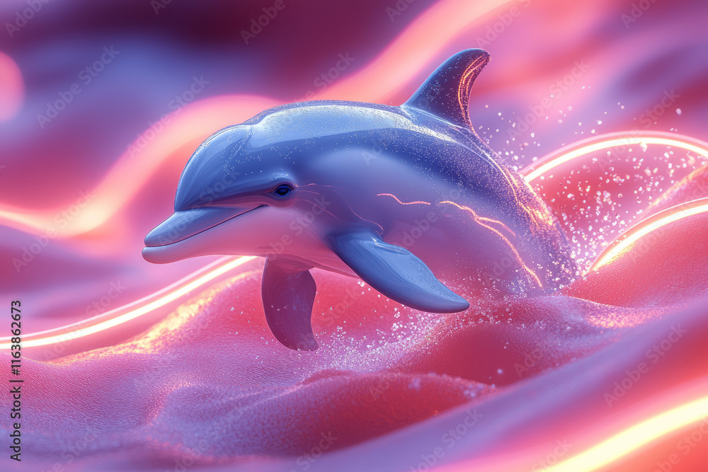 Poster a dolphin jumping through glowing rings floating in an abstract ocean of vibrant neon waves,