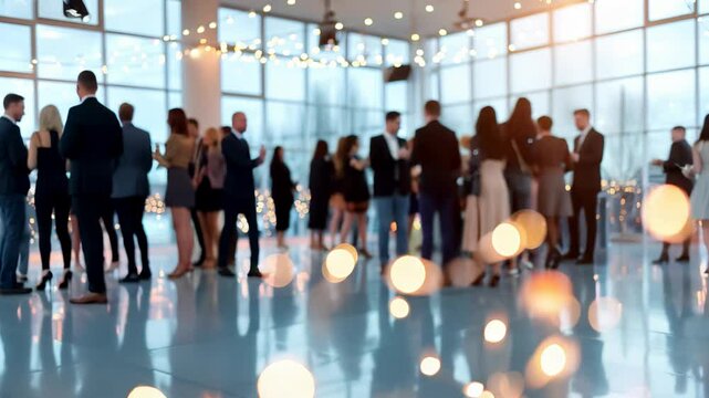 Colleagues Celebrate at a Festive Evening Business Party in a Modern Office with Drinks and Conversation