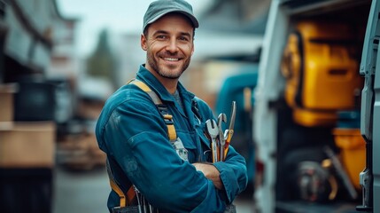 The Mobile Repair Technician: A man in uniform carrying tools on-site, Generative AI