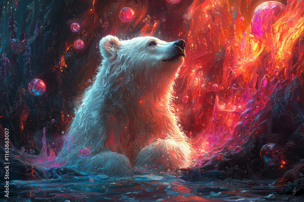 Aufkleber a bear surrounded by floating glowing orbs in an abstract forest with vibrant, pulsating hues,