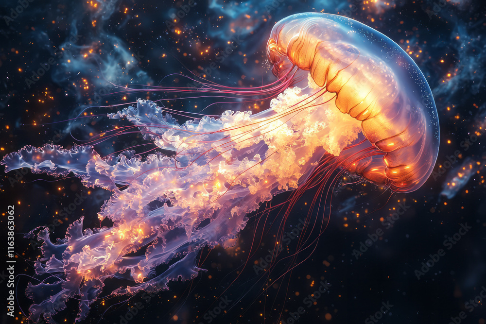 Aufkleber A jellyfish floating in an infinite void of glowing, liquid-like orbs and dynamic abstract patterns,