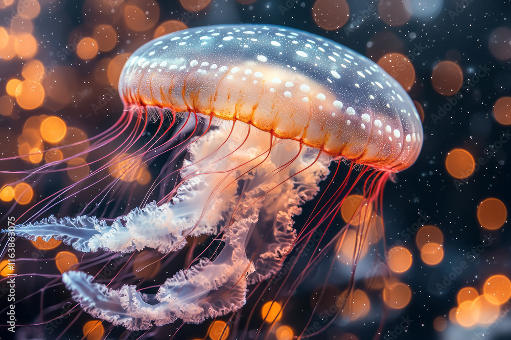 Fototapete A jellyfish floating in an infinite void of glowing, liquid-like orbs and dynamic abstract patterns,