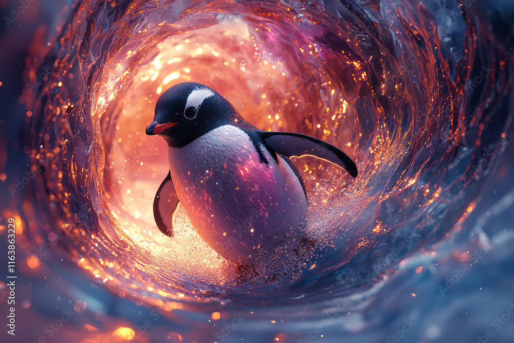 Poster a penguin sliding down a glowing spiral ramp in an abstract ice cave filled with vibrant colors and 