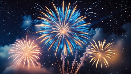 Naklejka premium Colorful fireworks show against a deep night sky with golden and blue bursts, sparkling stars, and smoke trails; perfect for event promotions, festival posters, or digital backdrops.