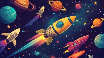 Alien planets, astronaut, funny extraterrestrial and rocket on background of outer space. Vector cartoon set of spaceship, cosmonaut and green alien character in cosmos