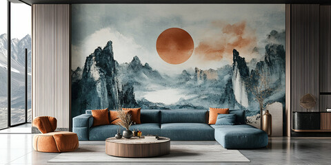Serene Mountainscape Mural, Modern Living Room Decor, featuring a spacious sectional sofa, stylish accent chair, and a wooden coffee table, creating a tranquil atmosphere.