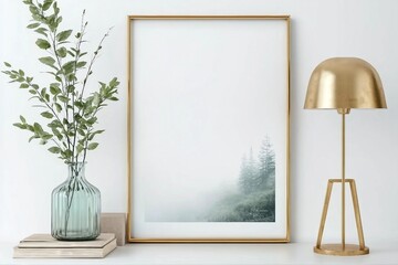 Interior poster mockup with vertical golden metal frame on white wall decorated with plant in vase and lamp. A4, A3 size format. 3D rendering, illustration.