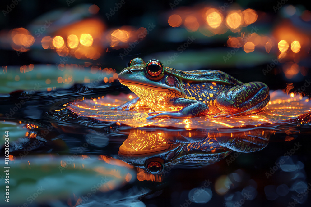 Poster a group of frogs sitting on glowing lily pads floating in a surreal pond of liquid light,