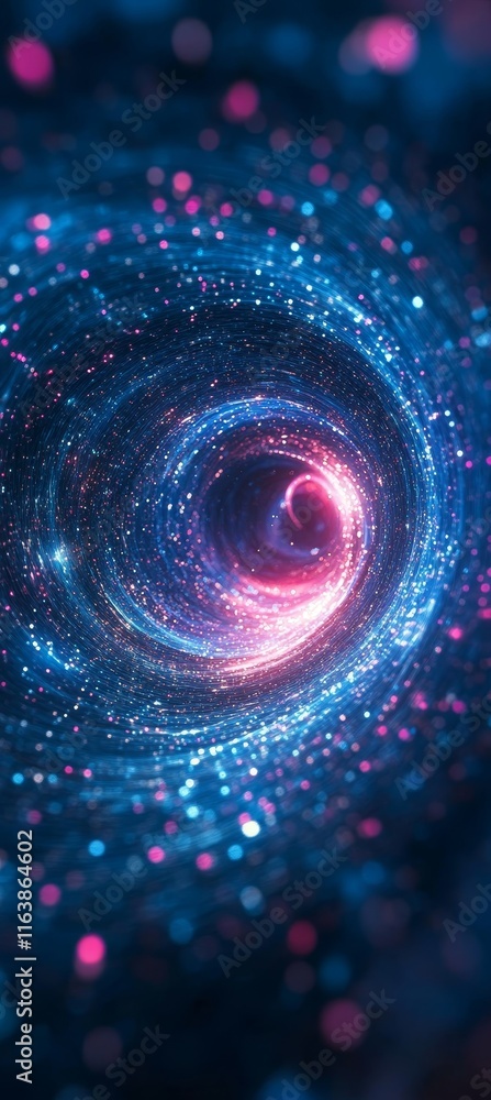 Poster cosmic spiral with vibrant blue and pink particles swirling into a central point creating an etherea