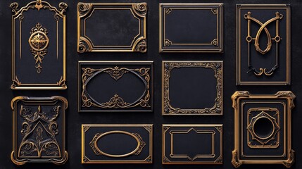Realistic set of vintage avatar frames and game buttons isolated on black background. Vector illustration of art deco style borders for rpg interface design. Square, rectangular, round royal signs