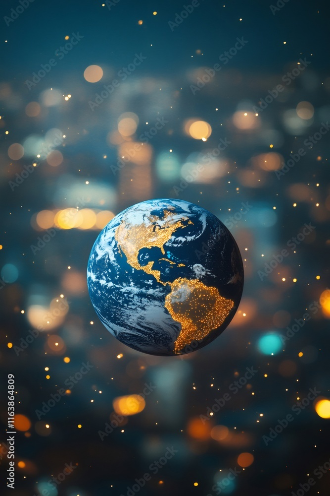 Poster planet earth rotating in space with illuminated cities and continents