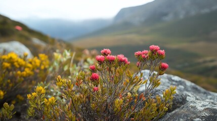 Obraz premium Vibrant pink and yellow wildflowers thrive in rocky terrain, highlighting the natural beauty of a remote mountainous area under a cloudy sky