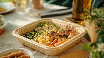 A flavorful dish showcases grilled chicken, mixed vegetables, and pasta served in an eco-friendly container on a beautifully set dining table. Perfect for outdoor dining