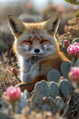 Fototapeta premium A desert fox resting in the shade of a cactus with vibrant pink flowers,