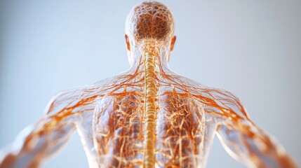 A striking representation of human anatomy features a transparent figure highlighting the nervous system and its complex neural connections