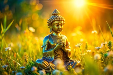 Obraz premium Split tone portrait of a golden figurine in a surreal summer meadow landscape
