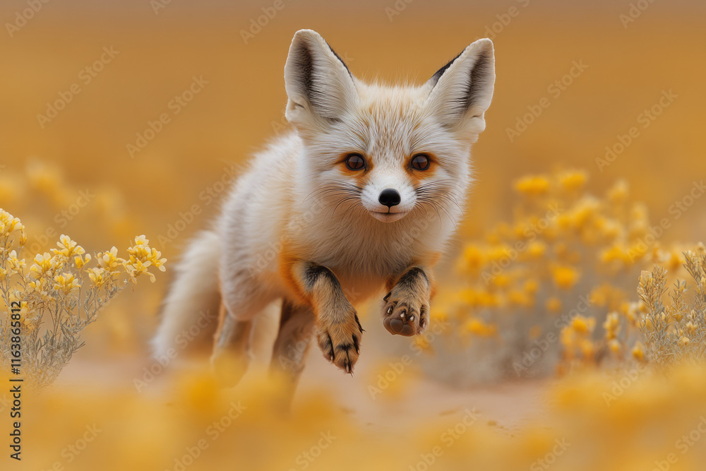 Poster a playful fennec fox leaping through sparse vegetation dotted with wildflowers,