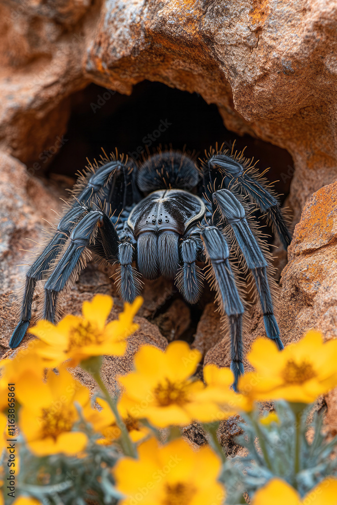Poster a tarantula emerging from its burrow near a patch of vibrant desert blooms,