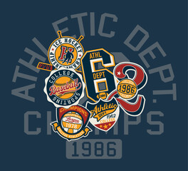 College athletic department patches patchwork vintage vector artwork for boy kid children sport wear shirt sweatshirt bomber jacket print embroidery