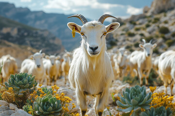 Obraz premium A herd of wild desert goats grazing near a patch of green succulents,