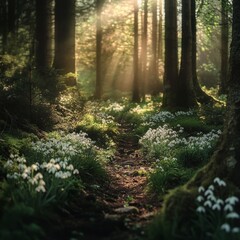 Obraz premium Sunlight Filters Through Trees Illuminating a Forest Path Adorned With Snowdrop Flowers in Early Spring