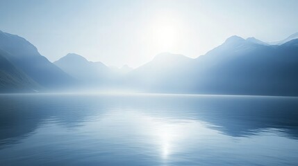 Calm Water Reflects Mountains at Sunrise in a Serene Landscape With a Misty Atmosphere