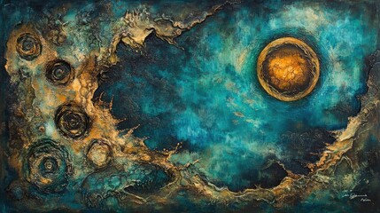 An abstract depiction of a cosmic scene featuring a central orb amidst swirling textures.