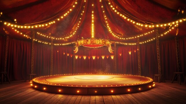 Background with circus stage and red theater curtains. Vintage interior inside circus tent. Carnival show circle podium with frame with light bulbs and drapery, vector cartoon illustration