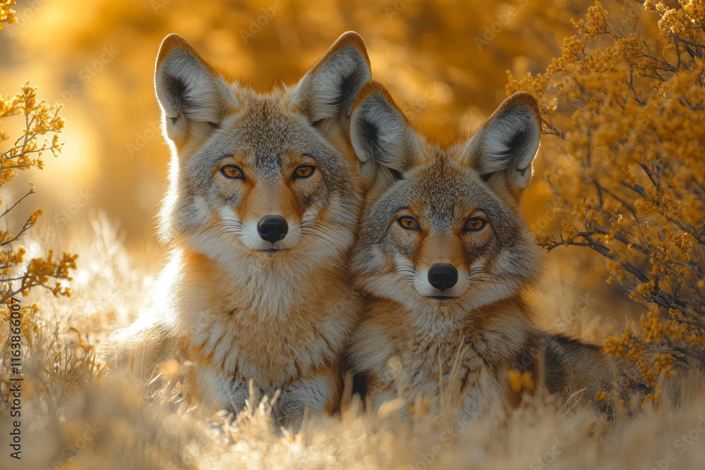 Poster a pair of coyotes resting under a flowering mesquite tree,