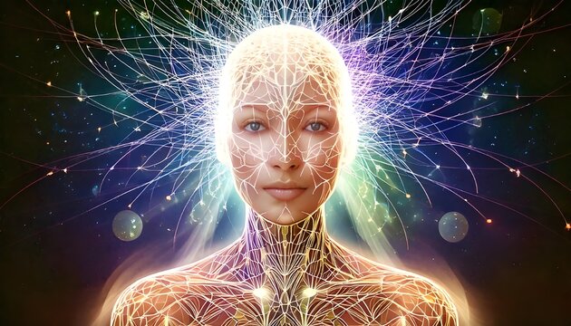 A luminous figure appears with branches of light emanating from the head, suggesting a fusion of human and technological elements. The vibrant colors & intricate patterns evoke a sense of connectivity