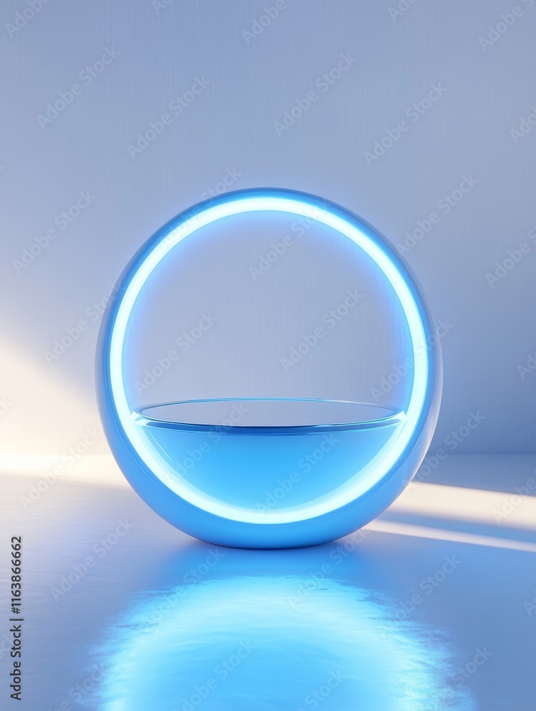 Poster modern illuminated circular display with a water fill in a minimalist setting during an evening ambi